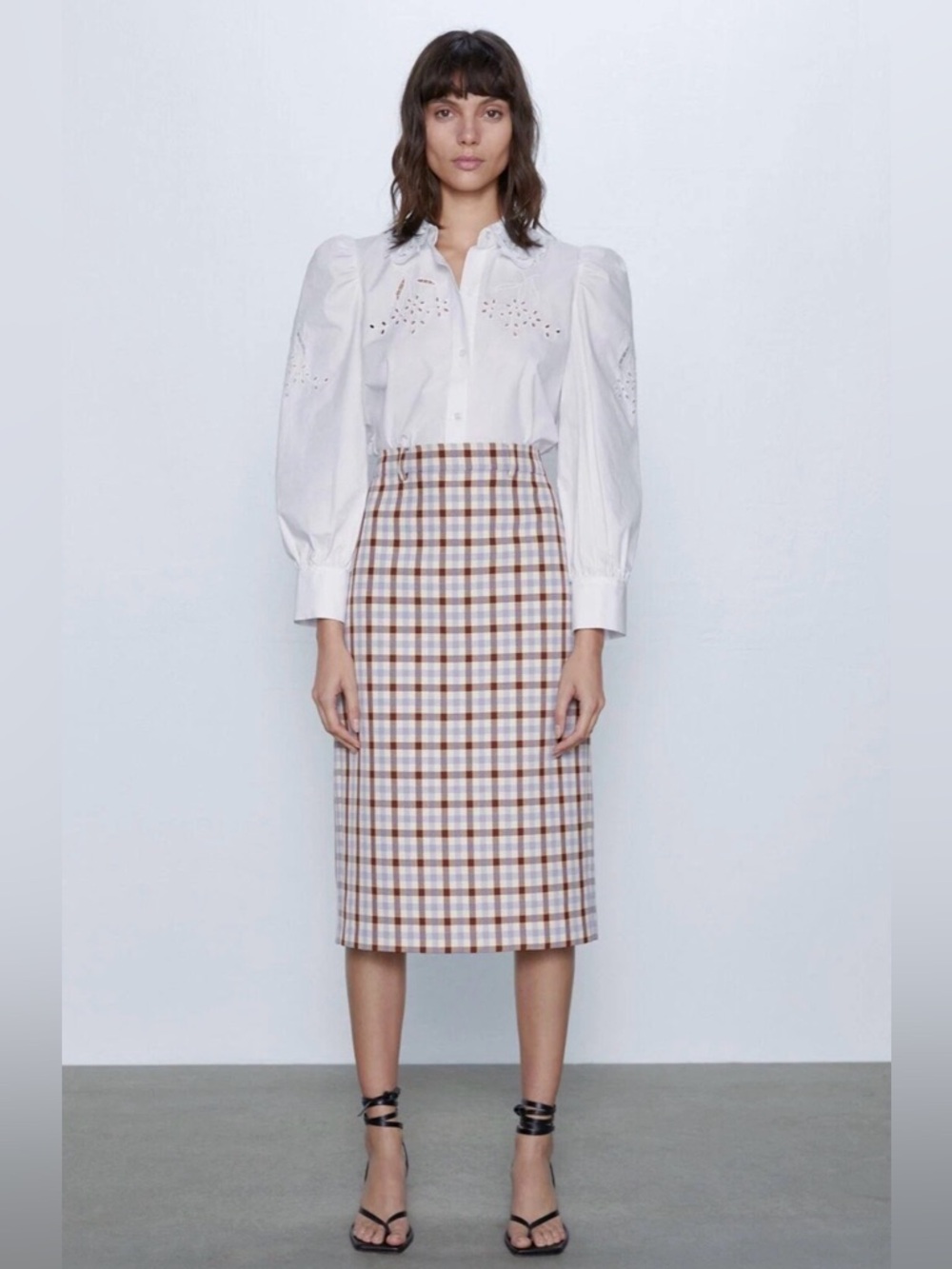 Checked Pencil Midi Skirt in Brown/Light Blue and White NWOT